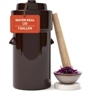 Fermentation Crock 1 Gallon - Sauerkraut Crock with Lid, Weights & Pounder - Ceramic Fermenting Crock Kit for Pickling Cabbage Kimchi Vegetables - 4 Liter Fermentation Jar - Stoneware Pickle Pot
