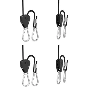 2 Pairs 1/8 inch Adjustable Heavy Duty Rope Hanger - Reinforced Metal Internal Gears Ratchets foe Growing Light Fixtures, Loose-Proof Design, 8-ft Long & 150lbs Weight Capacity