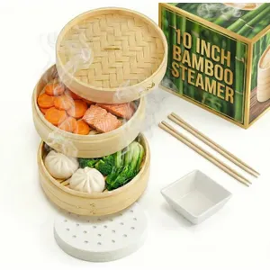 Bamboo Steamer Set 10" 2-Tier with Lid & Liners