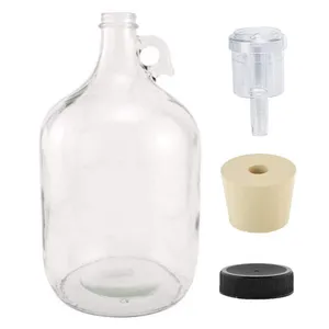 North Mountain Supply 1 Gallon Glass Fermenting Jug with Handle, 6.5 Rubber Stopper, 2-Piece Airlock, Black Plastic Lid - Set of 1
