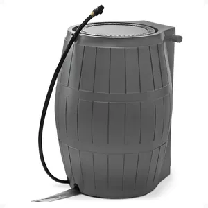 FCMP Outdoor Raincatcher 4000, Flat-Back Rain Water Barrel, 50-Gallon, Gray - Rainwater Collection Storage Container w/Side Spigots, Mesh Screen, Garden and Overflow Hose & Linking Kit