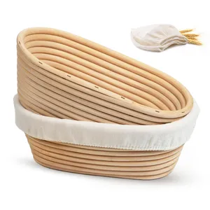 Kook Banneton Bread Proofing Baskets, Artisan Sourdough Bread Making Baskets, 9.8 Inch Handwoven Rattan Baskets and Cloth Liners, Set of 2, Oval