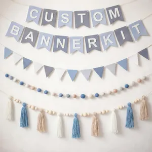SmoothNovelty 139 Pcs Felt DIY Custom Banner Kit Include 104 Letters 18 Swallowtail Flags 15 Pennants 2 Pcs Pom Pom Garland Tassel Pompom Decoration for Home Baby Shower Birthday(Baby Blue)