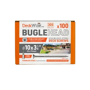DeckWise #10x3-1/8 Stainless Steel Bugle-Head All-Purpose Screws, 305 Stainless Steel T25 Deck Screws Cover 50 Sq. Ft. of Decking (100 Pack)